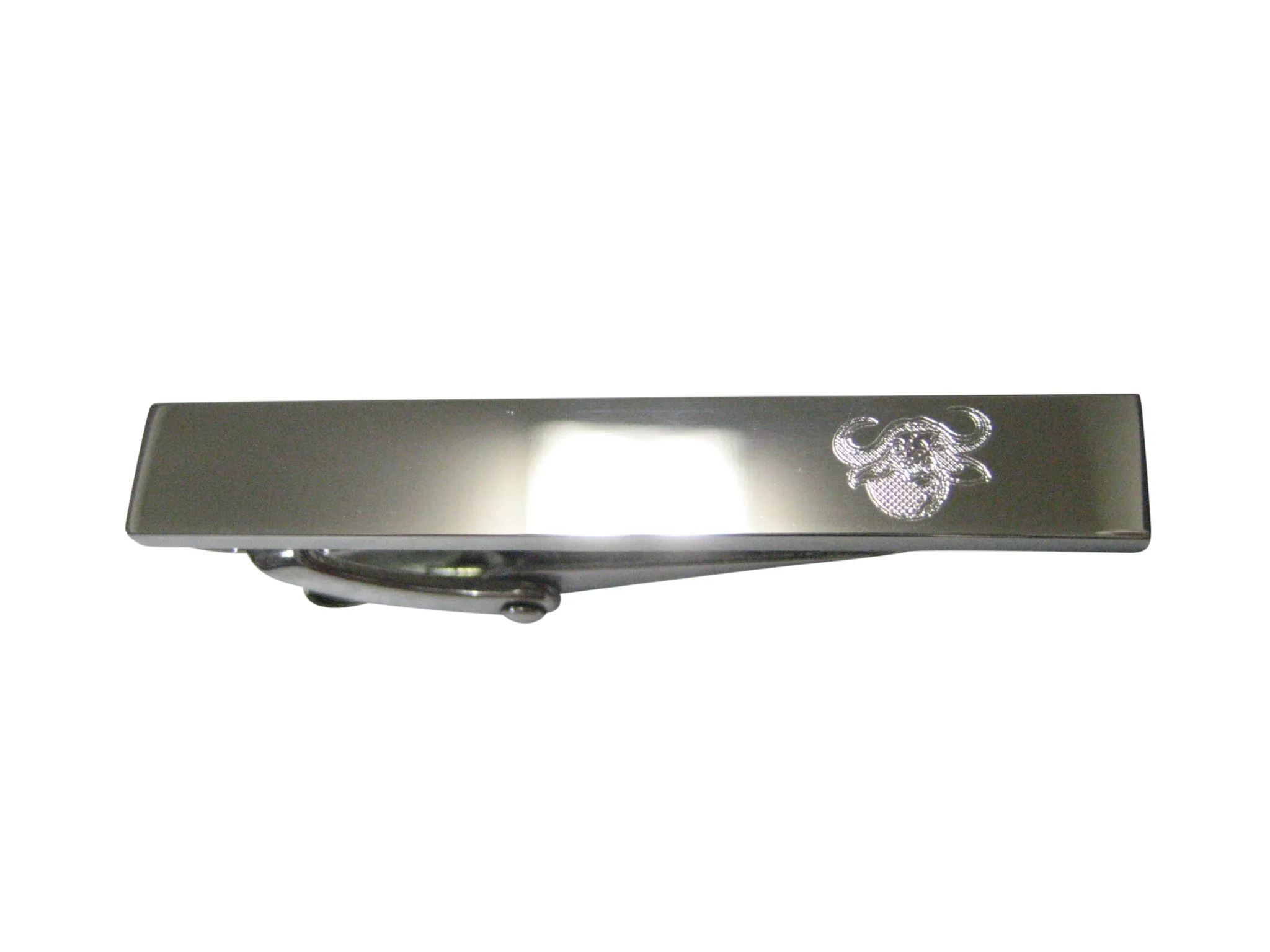Silver Toned Etched Sleek African Buffalo Head Skinny Tie Clip