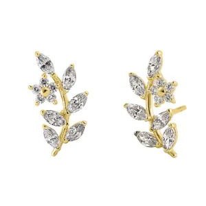 Solid 14K Yellow Gold Trendy Leaf CZ Earrings