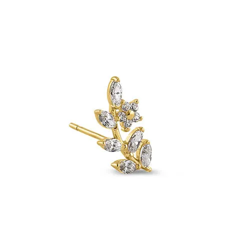 Solid 14K Yellow Gold Trendy Leaf CZ Earrings