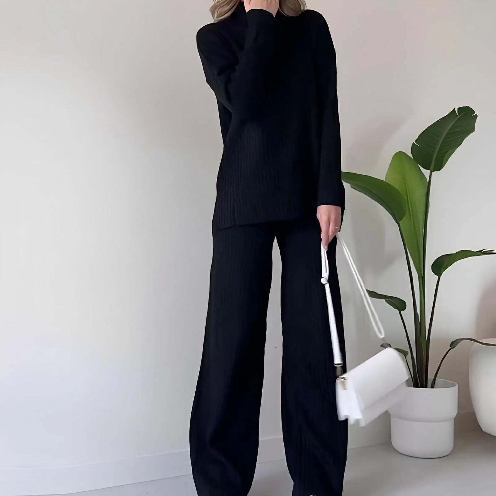 Split-Hem Turtleneck Knit Set