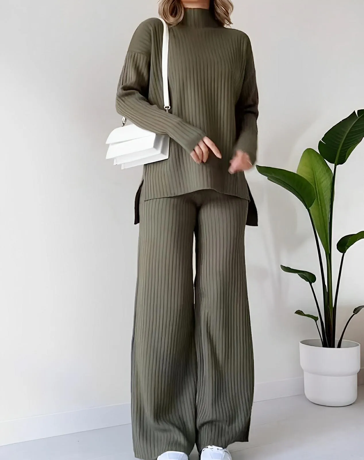 Split-Hem Turtleneck Knit Set