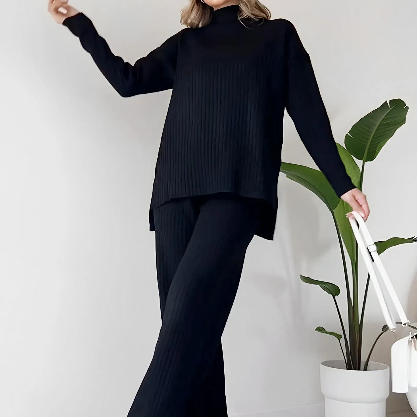 Split-Hem Turtleneck Knit Set