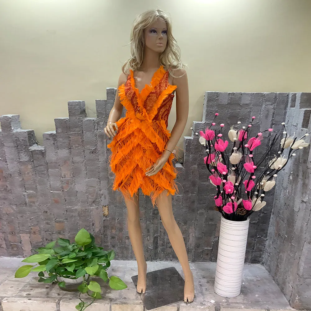 Strappy Sleeveless Feather Mini Bodycon Dress HT10380