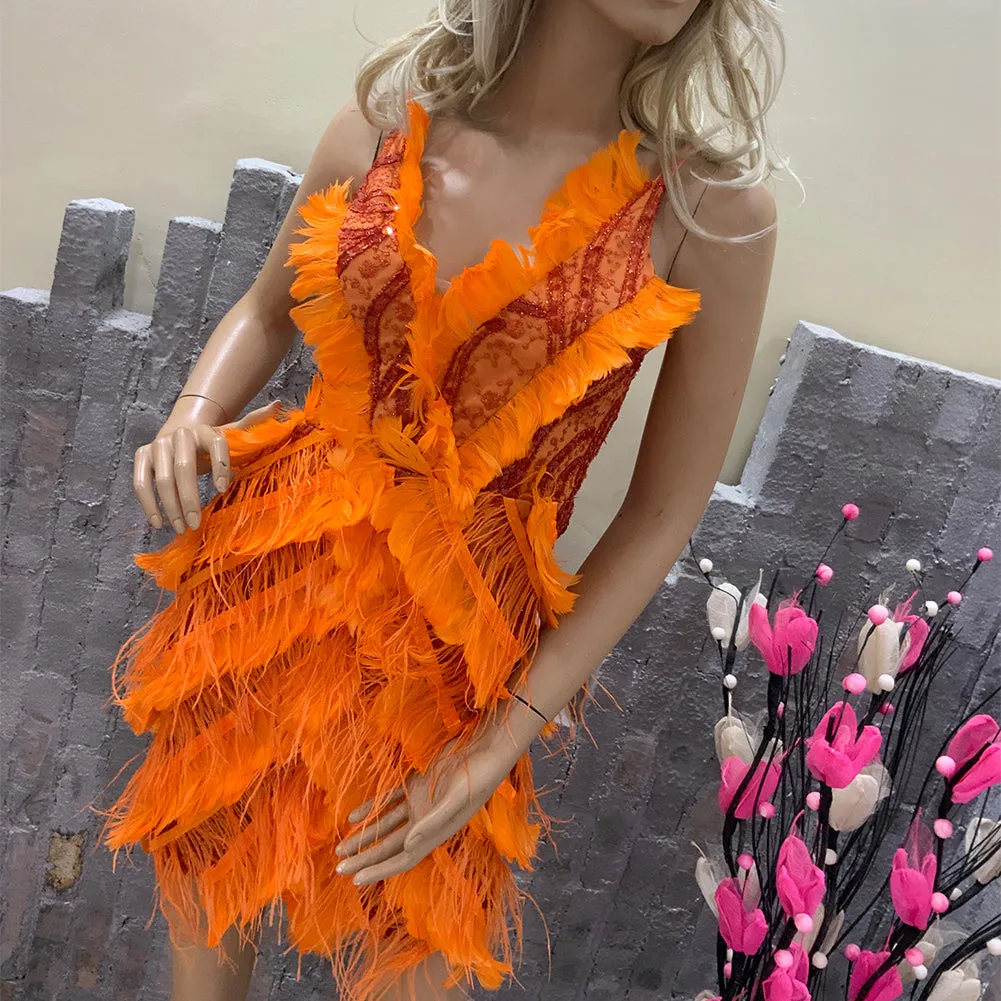 Strappy Sleeveless Feather Mini Bodycon Dress HT10380