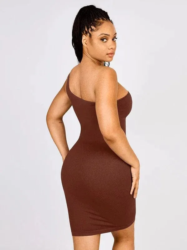 Summer One Shoulder Tight Bodycon Midi Dress With Built In Bra