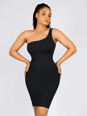 Summer One Shoulder Tight Bodycon Midi Dress With Built In Bra
