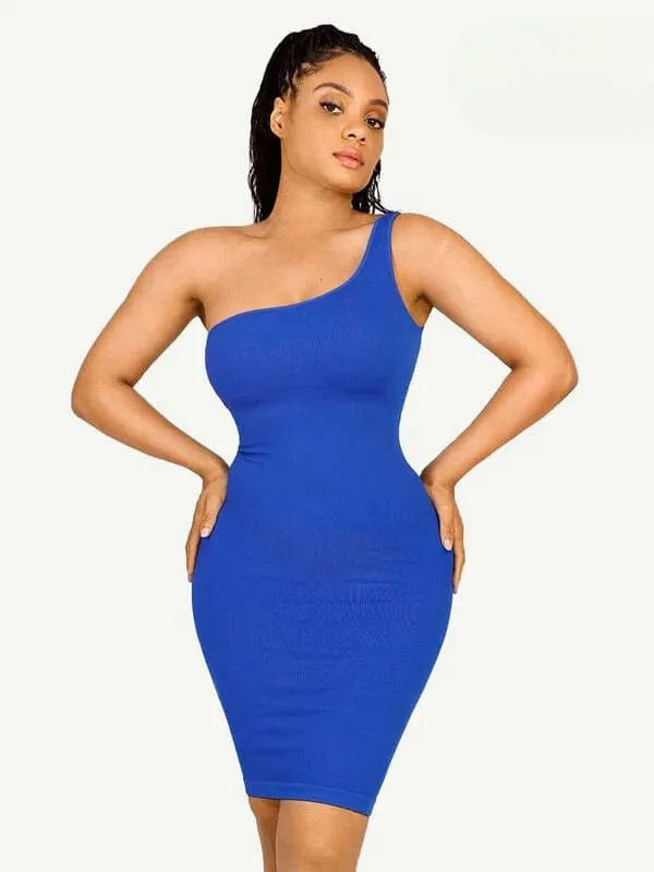 Summer One Shoulder Tight Bodycon Midi Dress With Built In Bra
