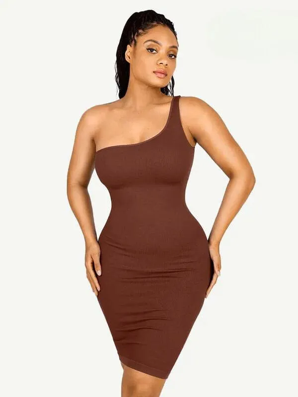 Summer One Shoulder Tight Bodycon Midi Dress With Built In Bra