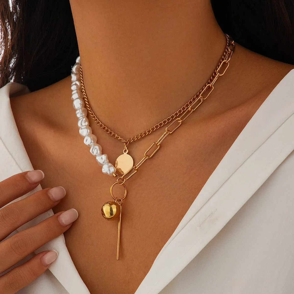 Trendy Layered Irregular Pearl Chain Round Disk Ball Pendant Necklace Set