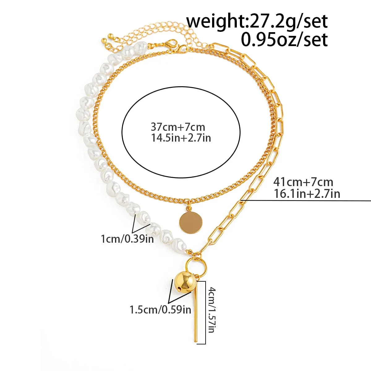 Trendy Layered Irregular Pearl Chain Round Disk Ball Pendant Necklace Set