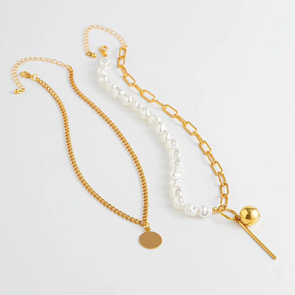 Trendy Layered Irregular Pearl Chain Round Disk Ball Pendant Necklace Set
