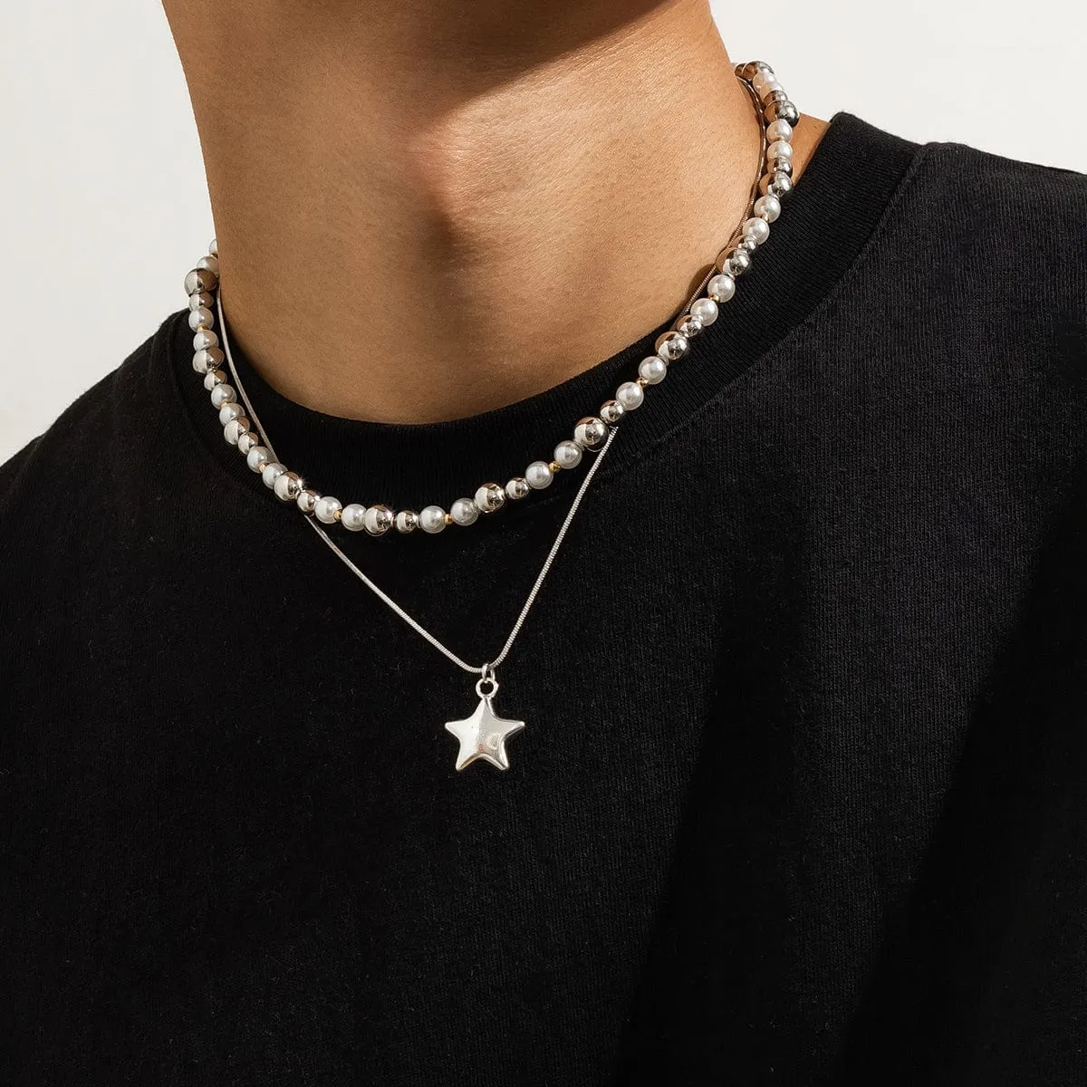 Trendy Layered Starry Pendant Ball Chain Necklace Set