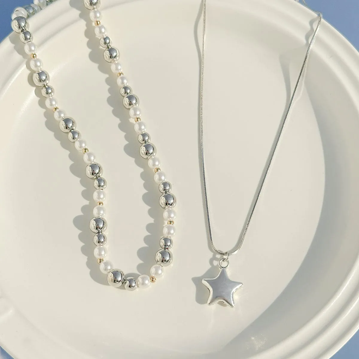 Trendy Layered Starry Pendant Ball Chain Necklace Set