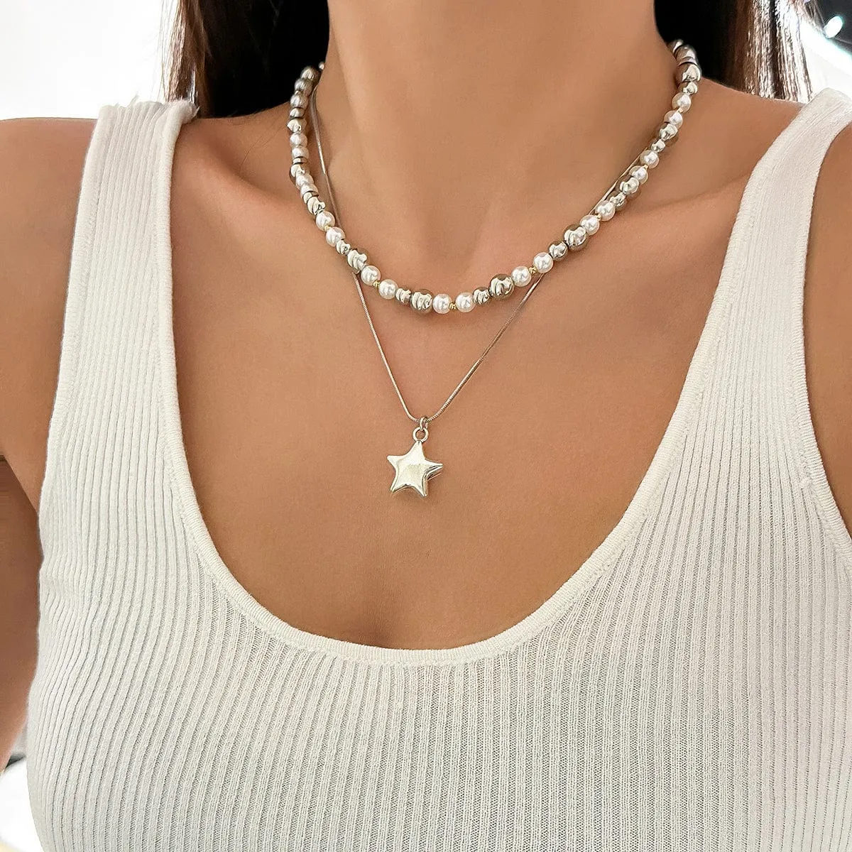 Trendy Layered Starry Pendant Ball Chain Necklace Set