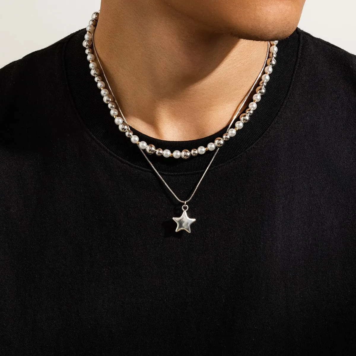Trendy Layered Starry Pendant Ball Chain Necklace Set