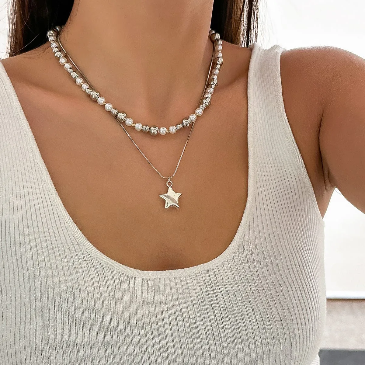 Trendy Layered Starry Pendant Ball Chain Necklace Set