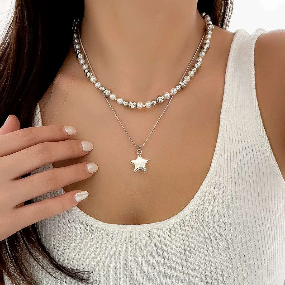 Trendy Layered Starry Pendant Ball Chain Necklace Set