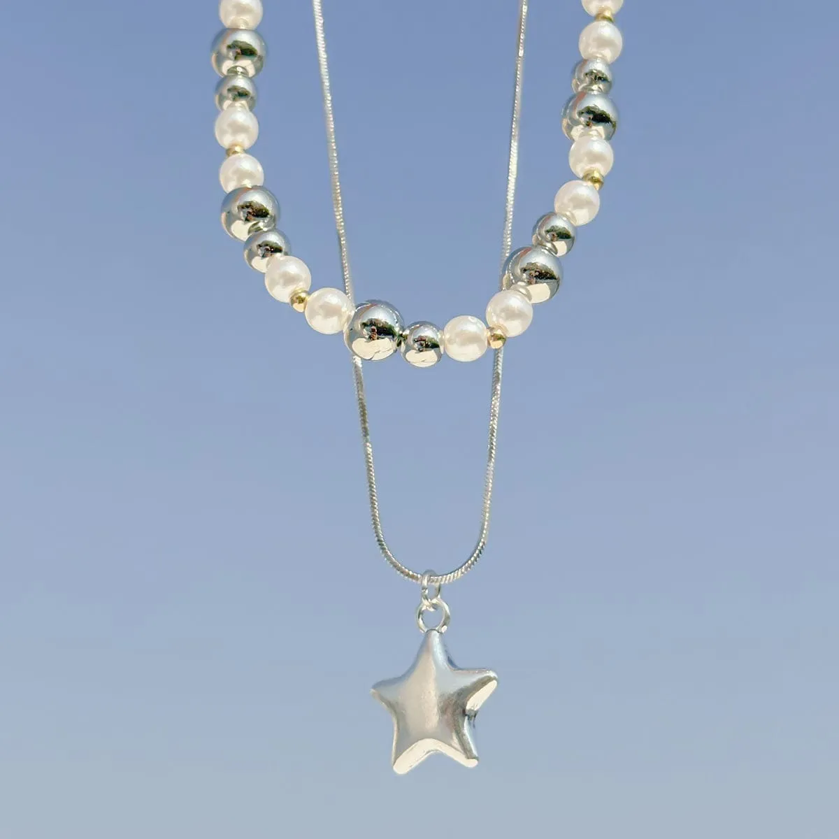 Trendy Layered Starry Pendant Ball Chain Necklace Set