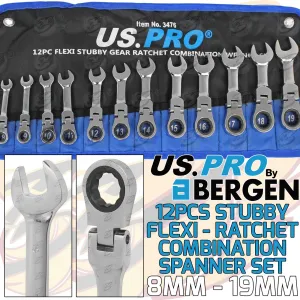 US PRO 12PCS COMBINATION STUBBY FLEXIBLE RATCHET SPANNER SET 8MM - 19MM