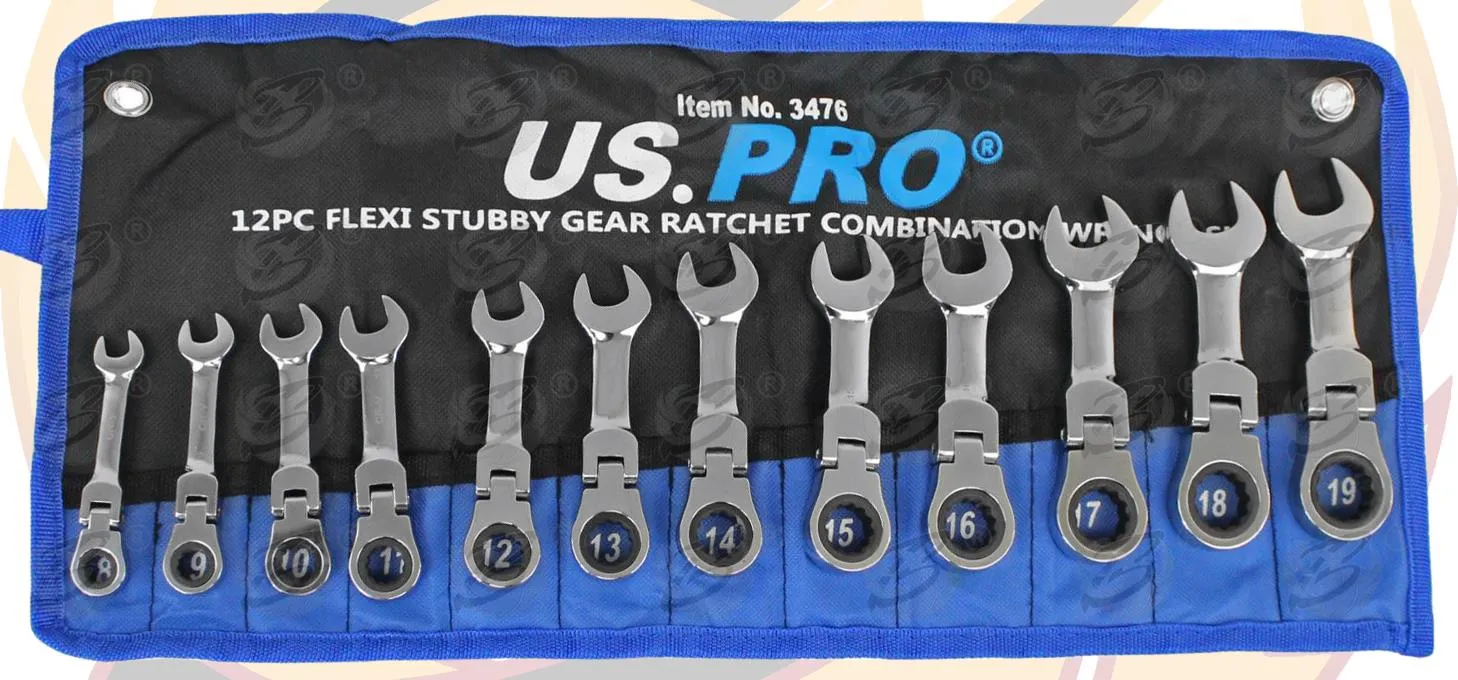 US PRO 12PCS COMBINATION STUBBY FLEXIBLE RATCHET SPANNER SET 8MM - 19MM