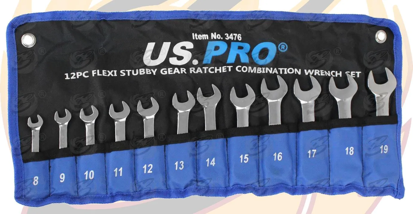 US PRO 12PCS COMBINATION STUBBY FLEXIBLE RATCHET SPANNER SET 8MM - 19MM