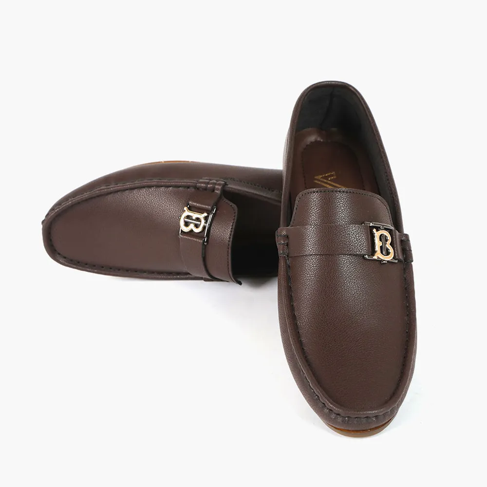 Valuable Brown Leather Loafers with Stylish 'B' Metal Accent