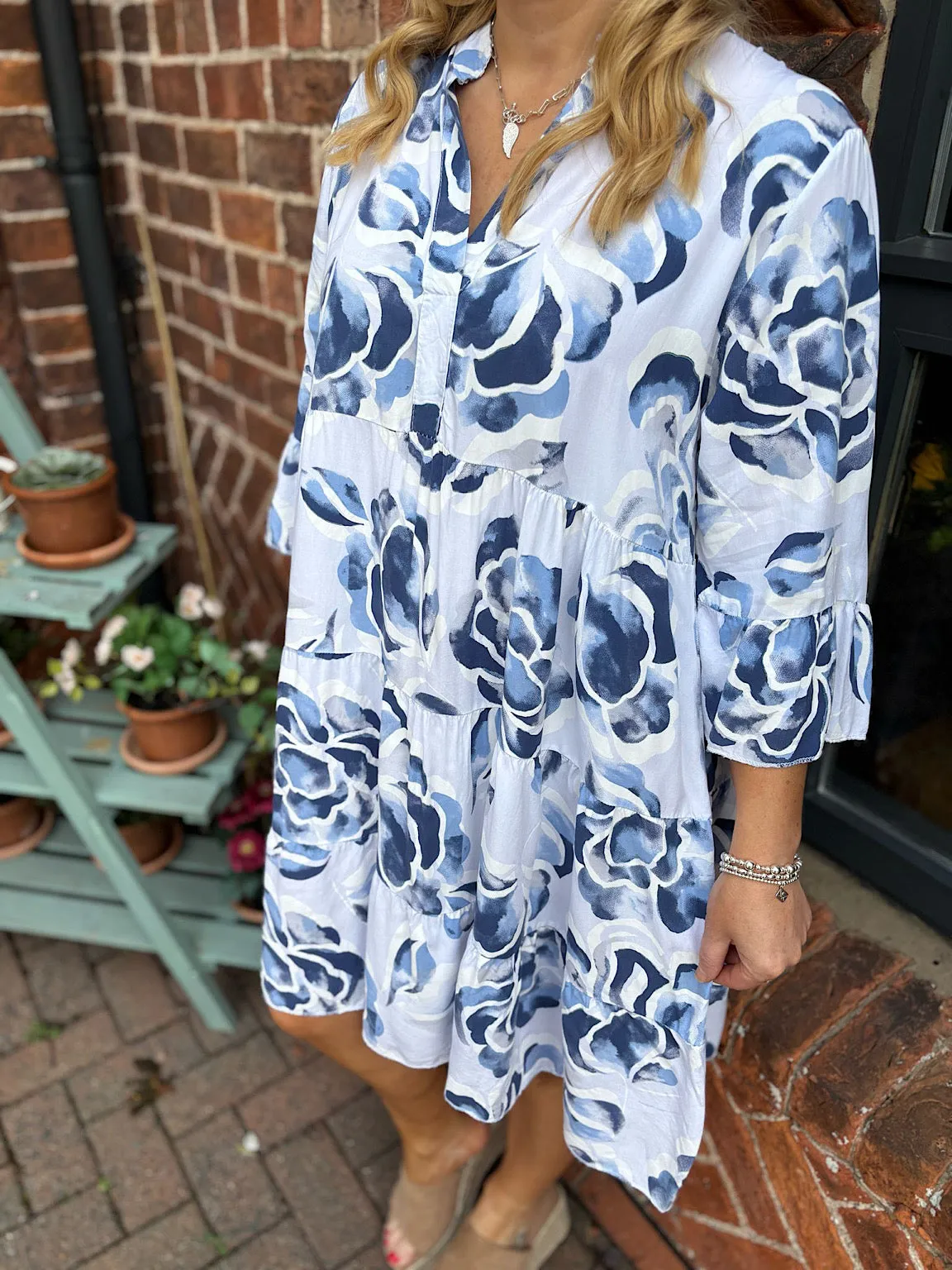 White Flared Sleeve Floral Dress Debbie
