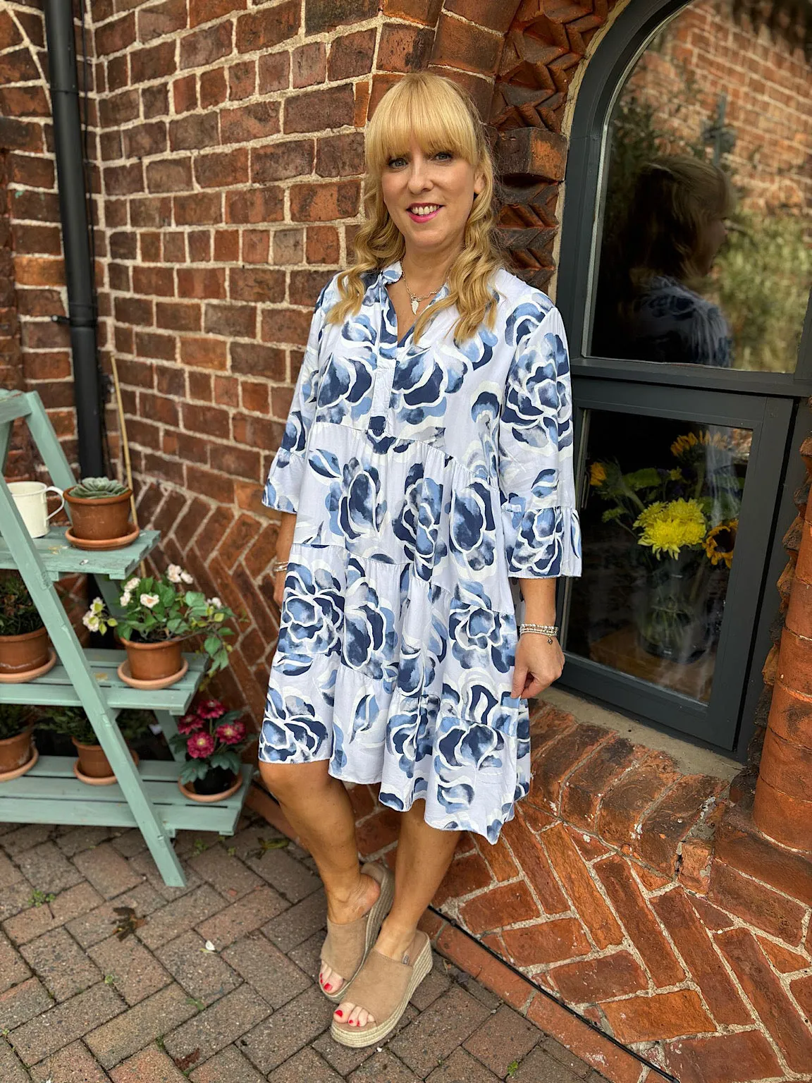 White Flared Sleeve Floral Dress Debbie