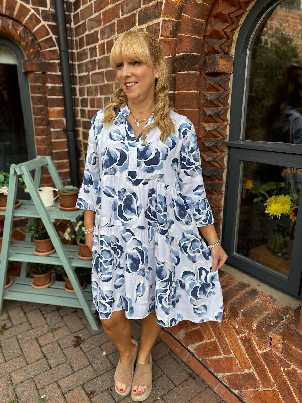 White Flared Sleeve Floral Dress Debbie