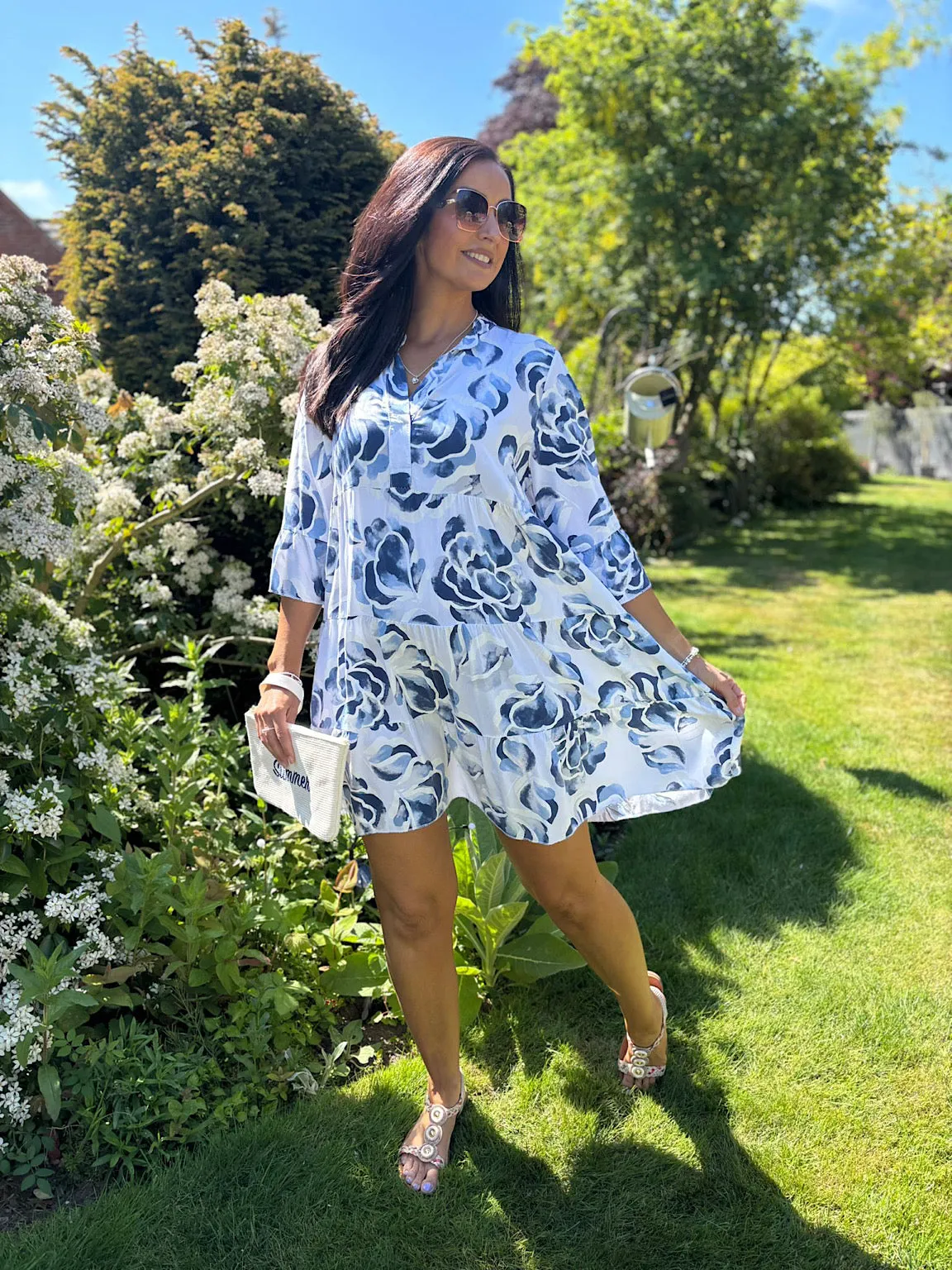 White Flared Sleeve Floral Dress Debbie