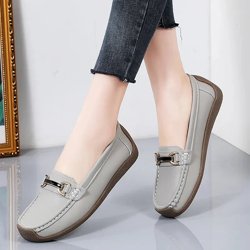 Women's Genuine Leather Flats – Slip-On Loafers, Spring and Autumn Moccasins, Casual Mother Shoes, Plus Sizes 35-44
