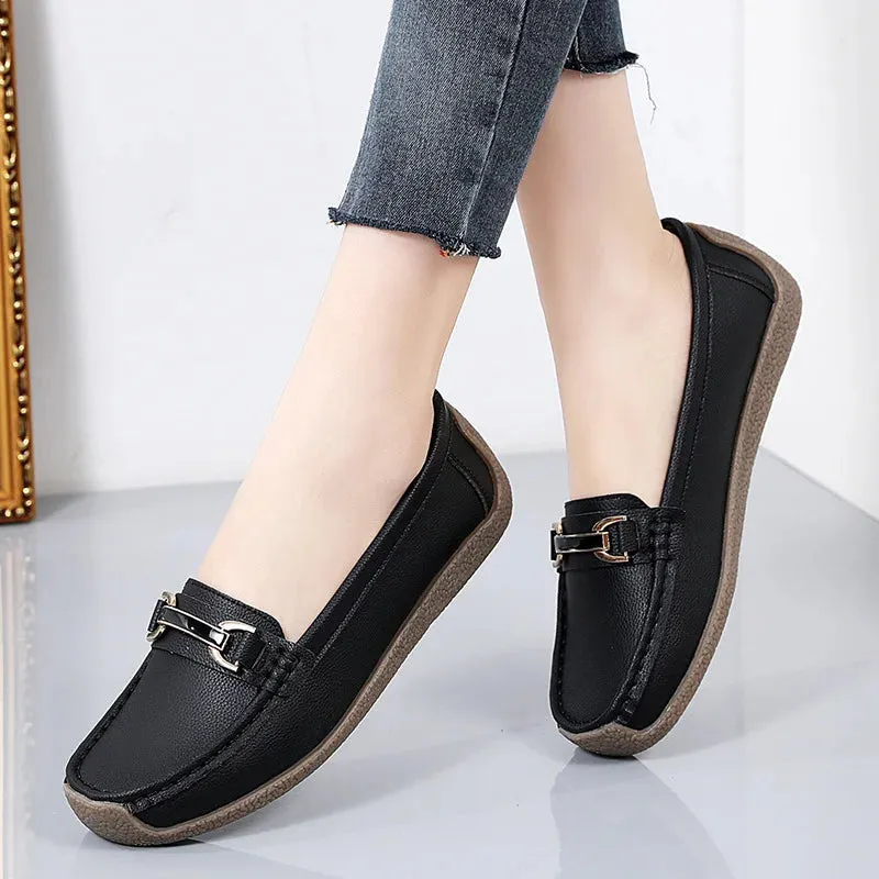 Women's Genuine Leather Flats – Slip-On Loafers, Spring and Autumn Moccasins, Casual Mother Shoes, Plus Sizes 35-44