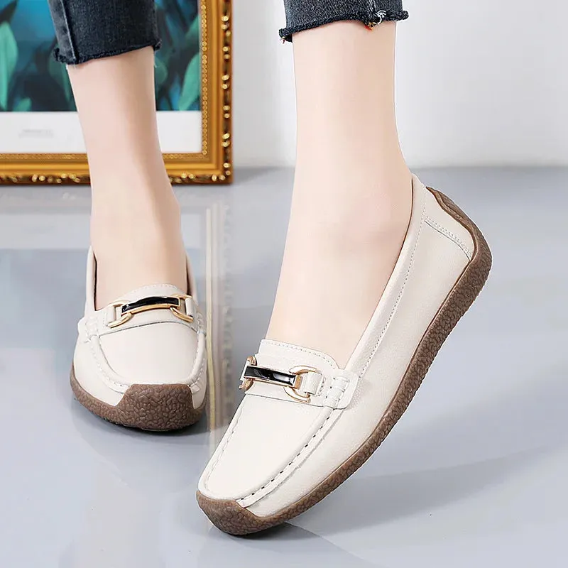 Women's Genuine Leather Flats – Slip-On Loafers, Spring and Autumn Moccasins, Casual Mother Shoes, Plus Sizes 35-44