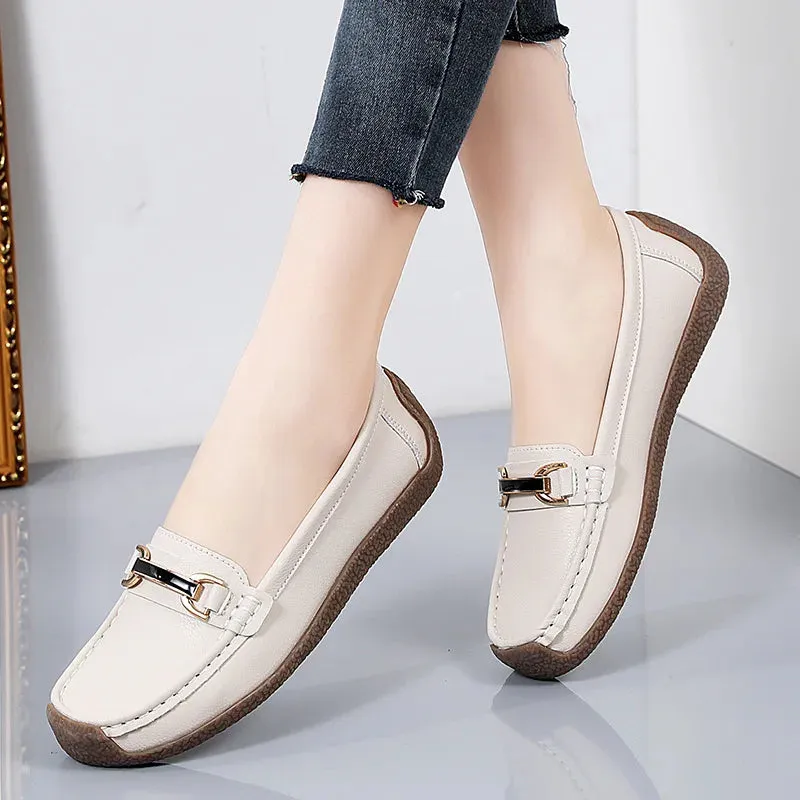 Women's Genuine Leather Flats – Slip-On Loafers, Spring and Autumn Moccasins, Casual Mother Shoes, Plus Sizes 35-44