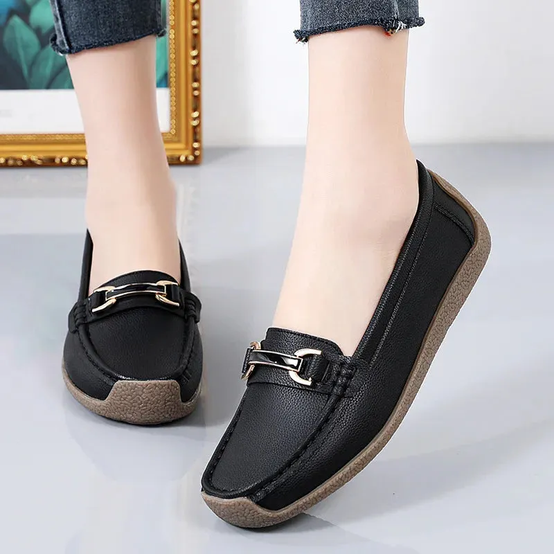 Women's Genuine Leather Flats – Slip-On Loafers, Spring and Autumn Moccasins, Casual Mother Shoes, Plus Sizes 35-44