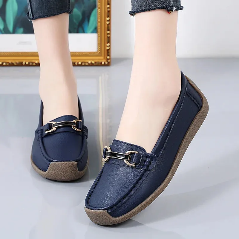 Women's Genuine Leather Flats – Slip-On Loafers, Spring and Autumn Moccasins, Casual Mother Shoes, Plus Sizes 35-44