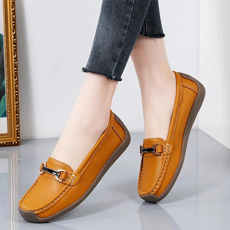 Women's Genuine Leather Flats – Slip-On Loafers, Spring and Autumn Moccasins, Casual Mother Shoes, Plus Sizes 35-44