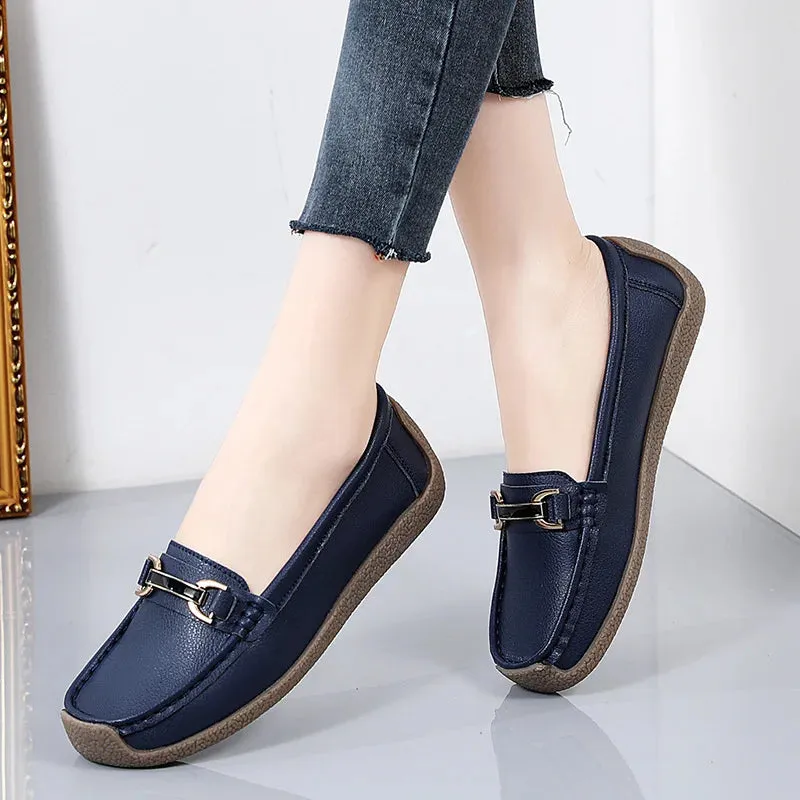 Women's Genuine Leather Flats – Slip-On Loafers, Spring and Autumn Moccasins, Casual Mother Shoes, Plus Sizes 35-44