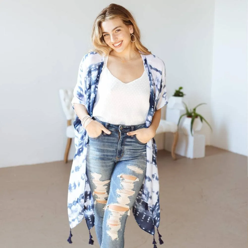 Women's white and navy blue tie dye print tassel Kimono sweater - O/S