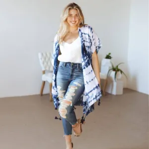 Women's white and navy blue tie dye print tassel Kimono sweater - O/S
